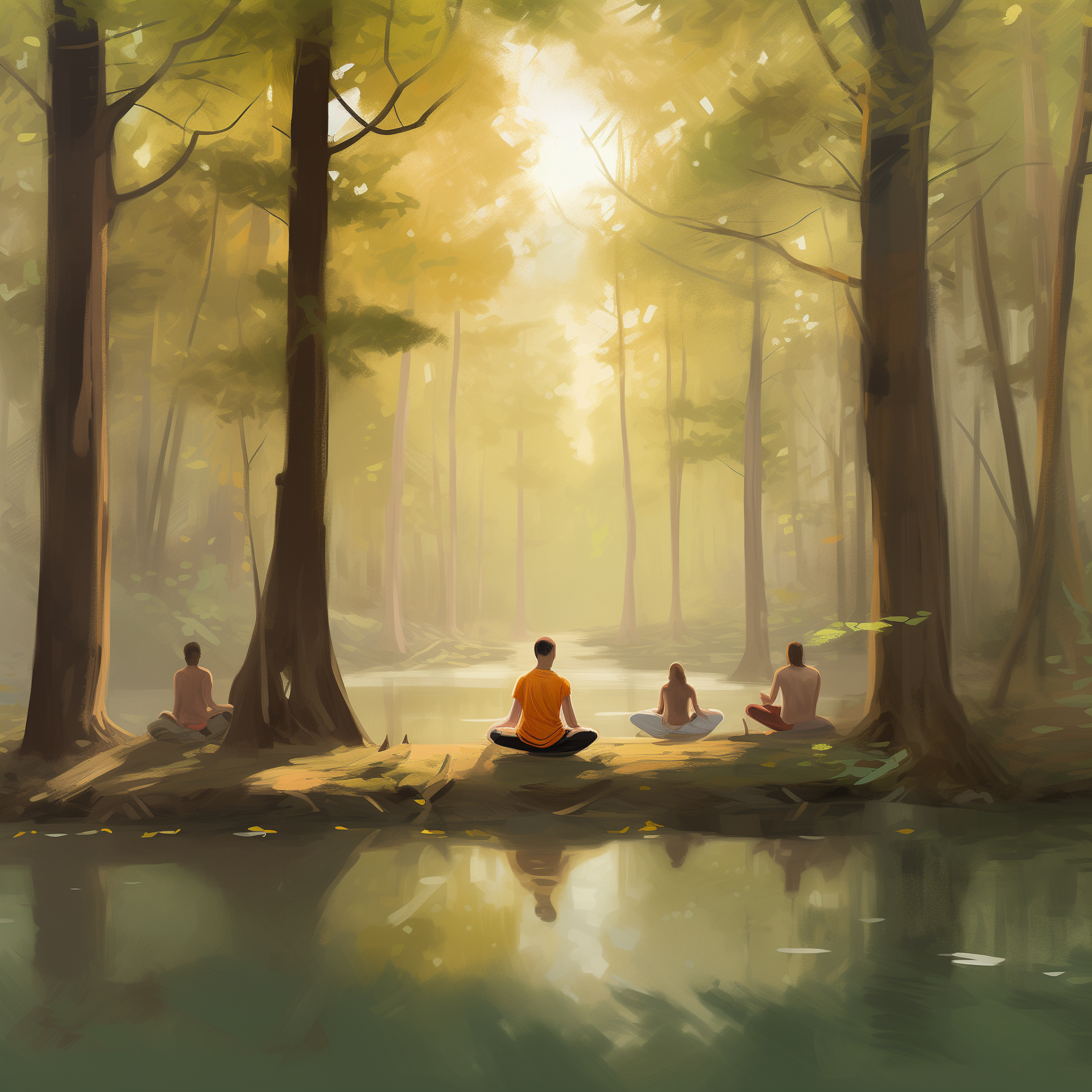 Individuals immersed in the serene embrace of nature, practicing yoga amidst the whispering trees, The air is filled with the scent of pine and the soft murmur of a nearby stream. Each person is in a state of deep tranquility, their movements slow and deliberate as they transition from one pose to another. The forest around them is alive with the golden light of dawn, casting long, peaceful shadows